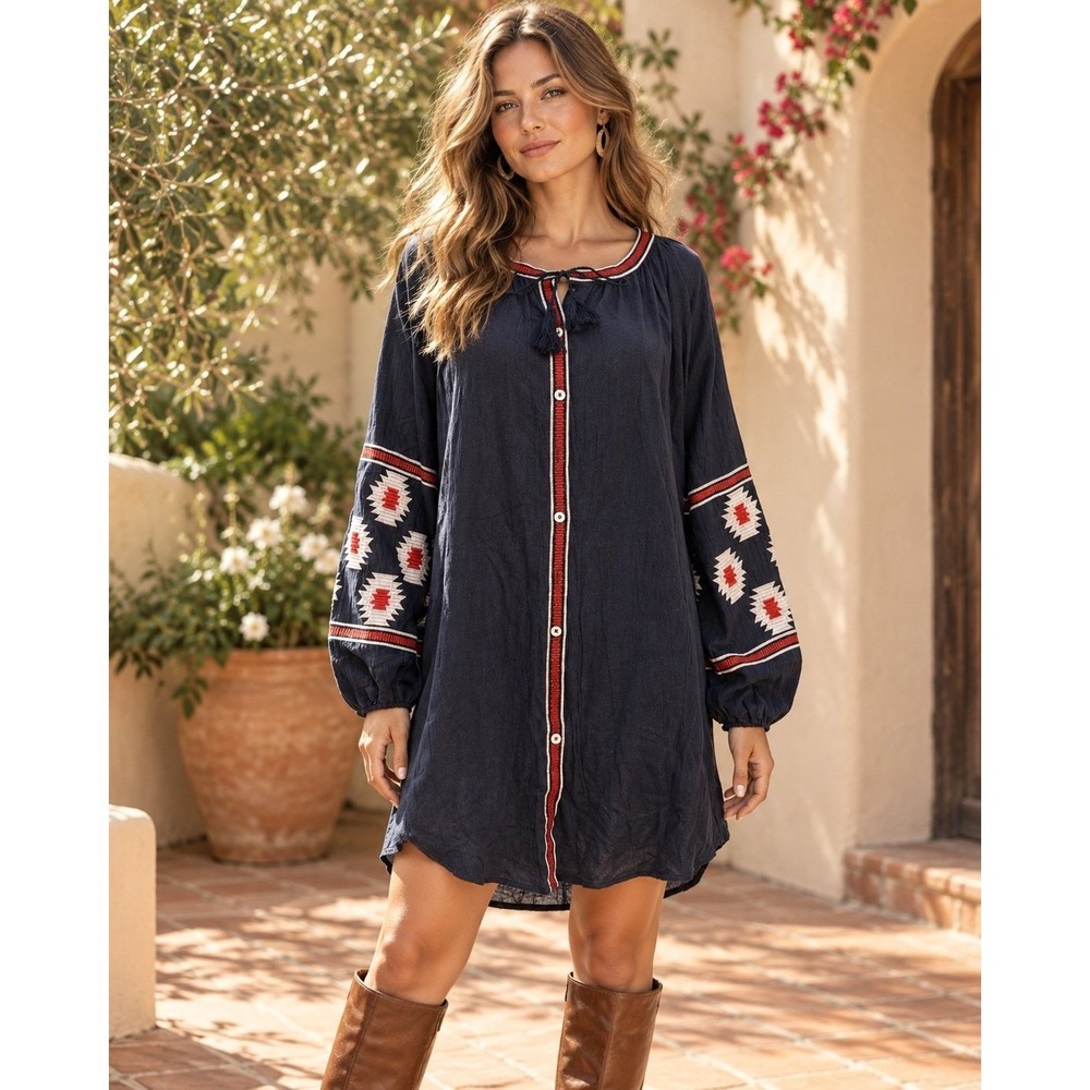 Michael Kors M Navy Embroidered Peasant Tunic Dress Button Front NWT